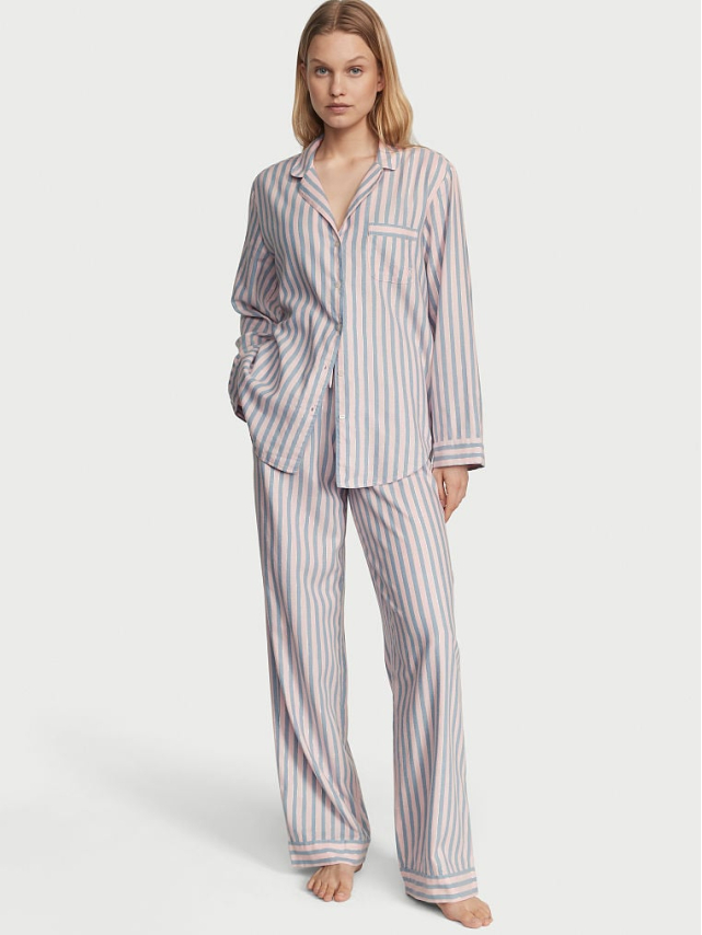 Вікторія Сікрет Flannel Long PJ Set Pink Blue Stripe