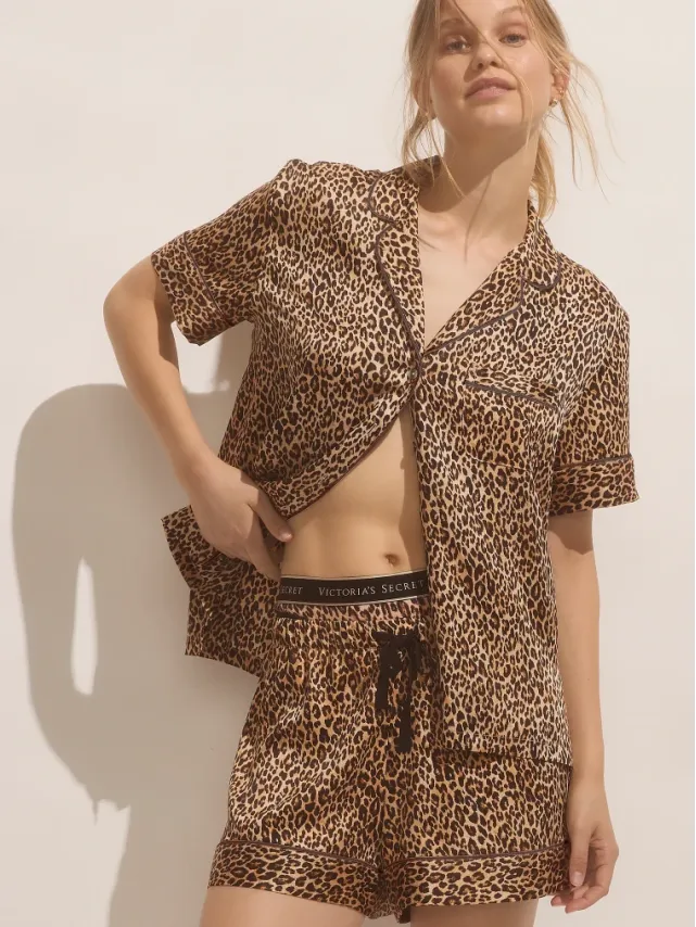 Signature Satin Short Pajama Set Marzipan Leopard