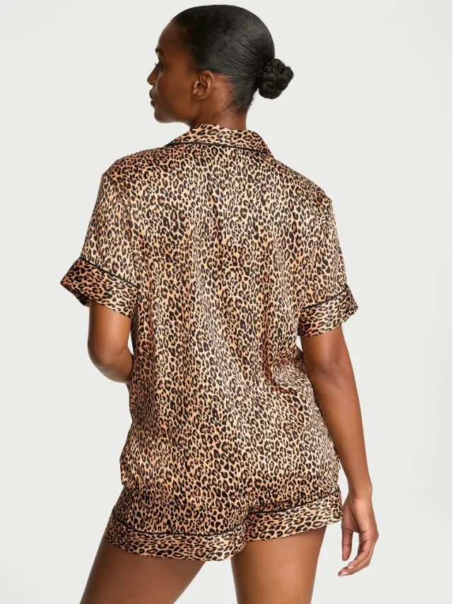 Signature Satin Short Pajama Set Marzipan Leopard