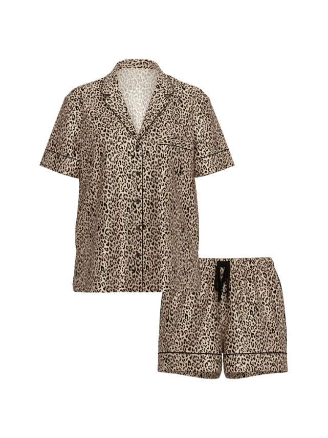 Signature Satin Short Pajama Set Marzipan Leopard