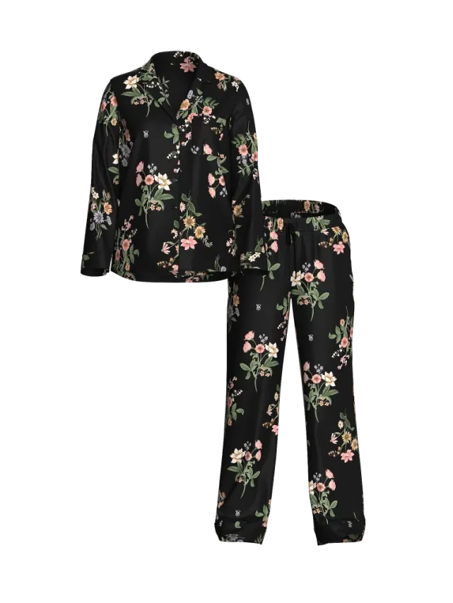 Signature Satin Pajama Set Black Botanical