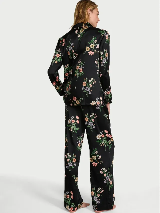 Signature Satin Pajama Set Black Botanical