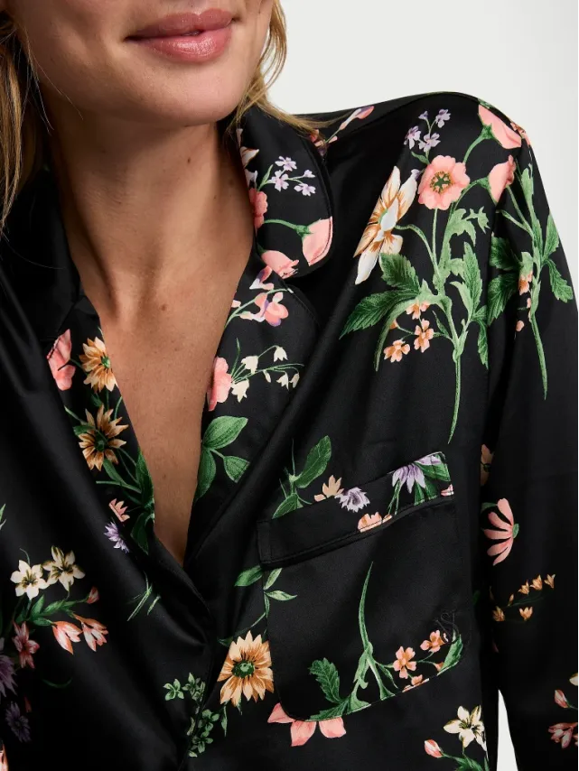 Signature Satin Pajama Set Black Botanical