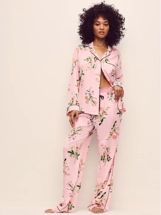 Signature Satin Pajama Set Pink Botanical