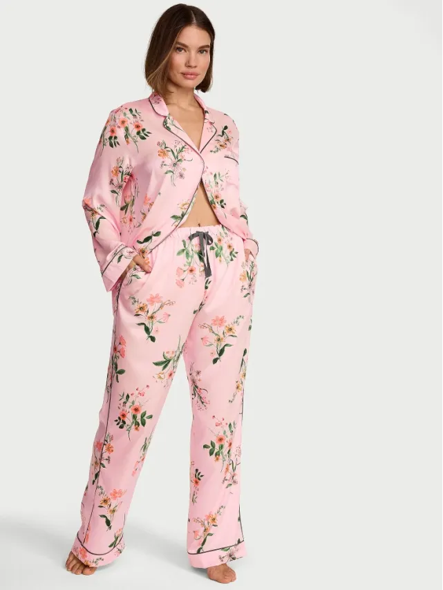 Signature Satin Pajama Set Pink Botanical