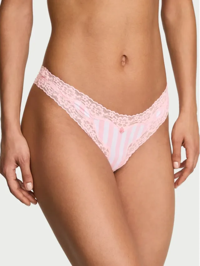 Cotton Lace-Waist Thong Panty Iconic Stripe
