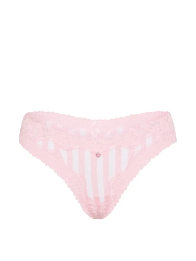 Cotton Lace-Waist Thong Panty Iconic Stripe
