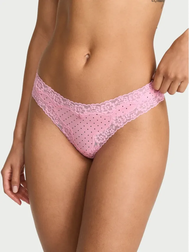Cotton Lace-Waist Thong Panty Pin Dots