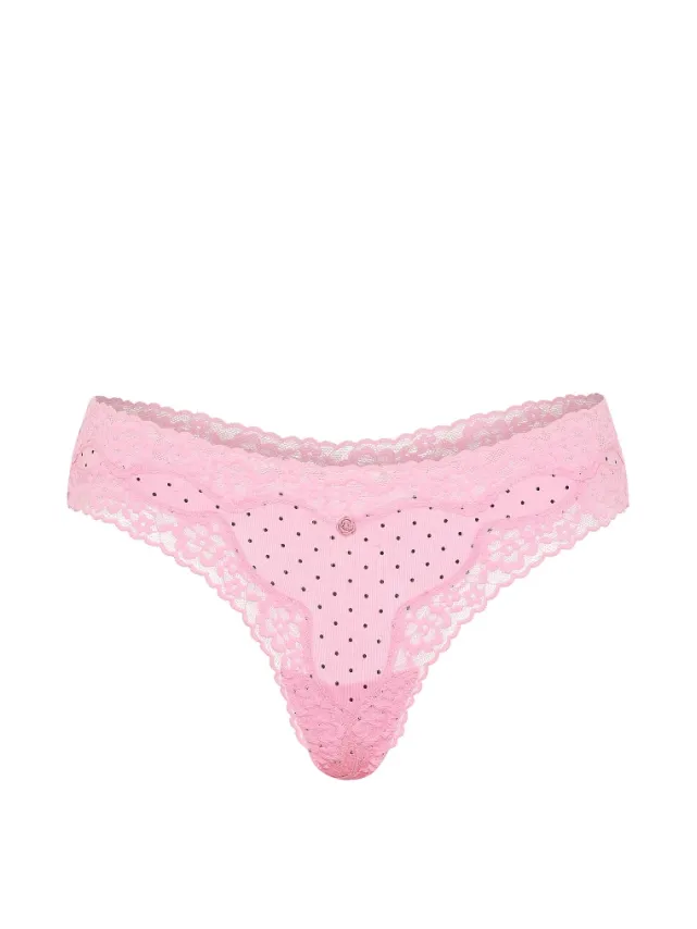 Cotton Lace-Waist Thong Panty Pin Dots