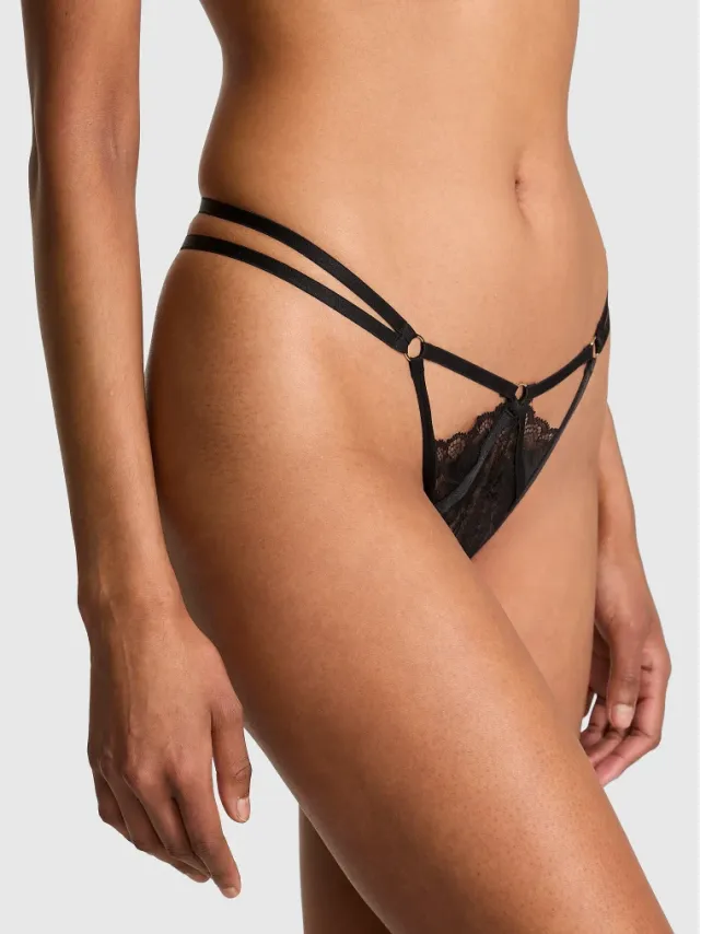 Lace Strappy Hardware Peekaboo Thong Panty Black