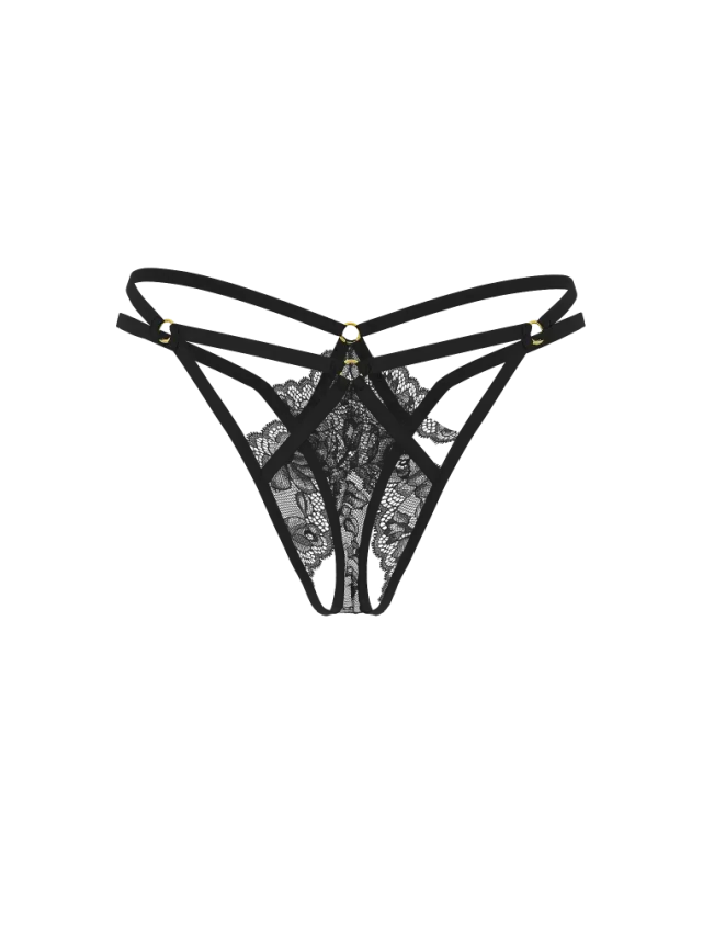 Lace Strappy Hardware Peekaboo Thong Panty Black
