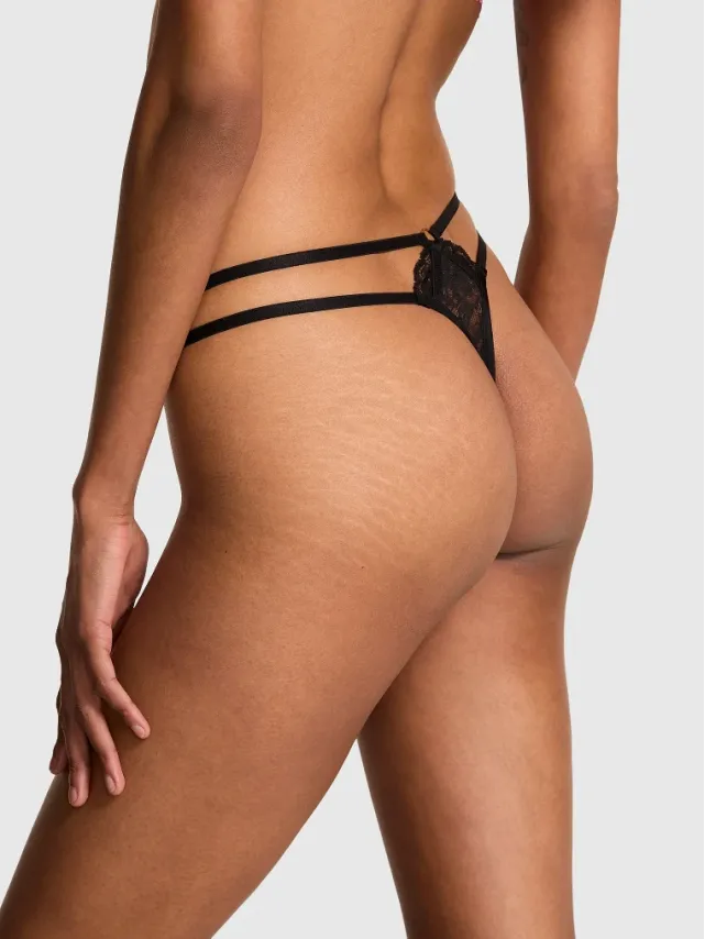 Lace Strappy Hardware Peekaboo Thong Panty Black
