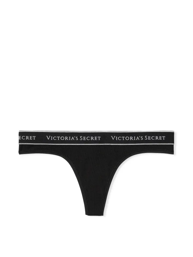 Logo Cotton Thong Panty Black