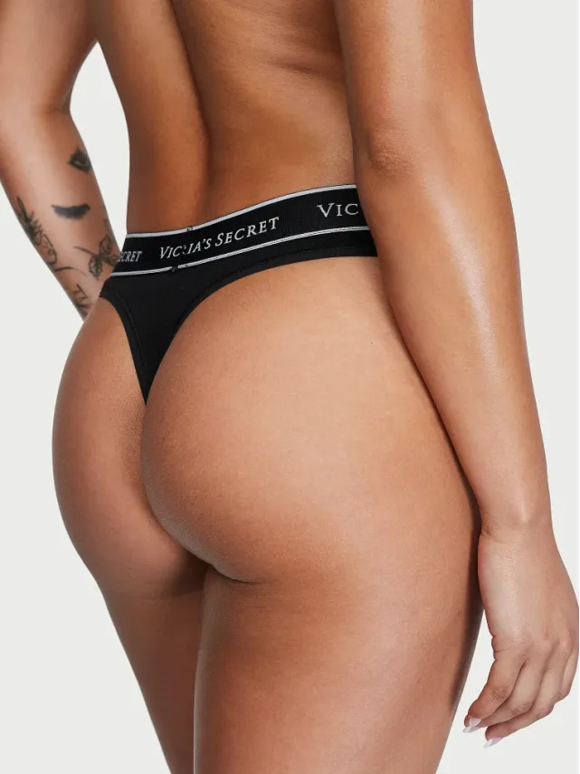 Logo Cotton Thong Panty Black