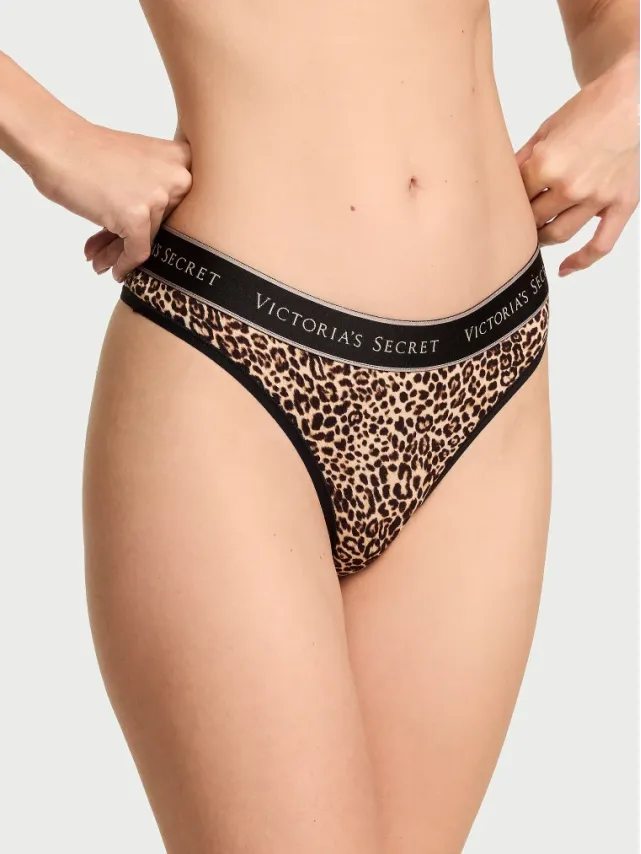 Logo Cotton Thong Panty Leopard