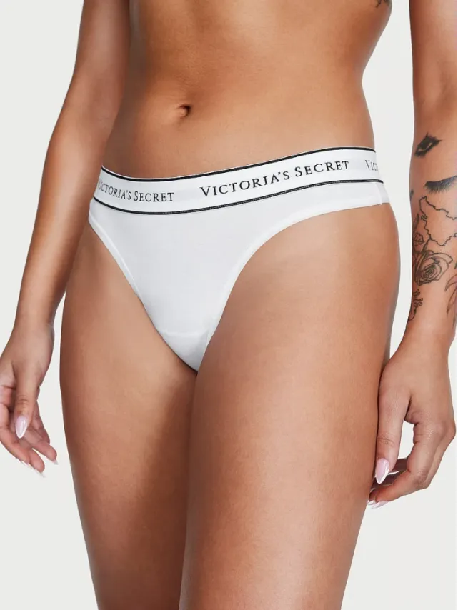 Logo Cotton Thong Panty White