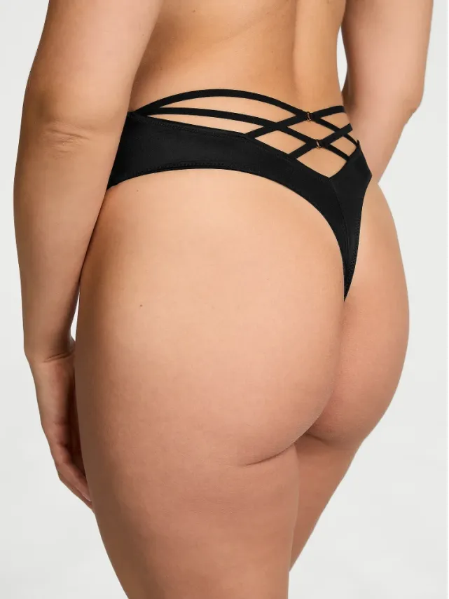 Smooth High-Waist Strappy-Back Thong Panty Black